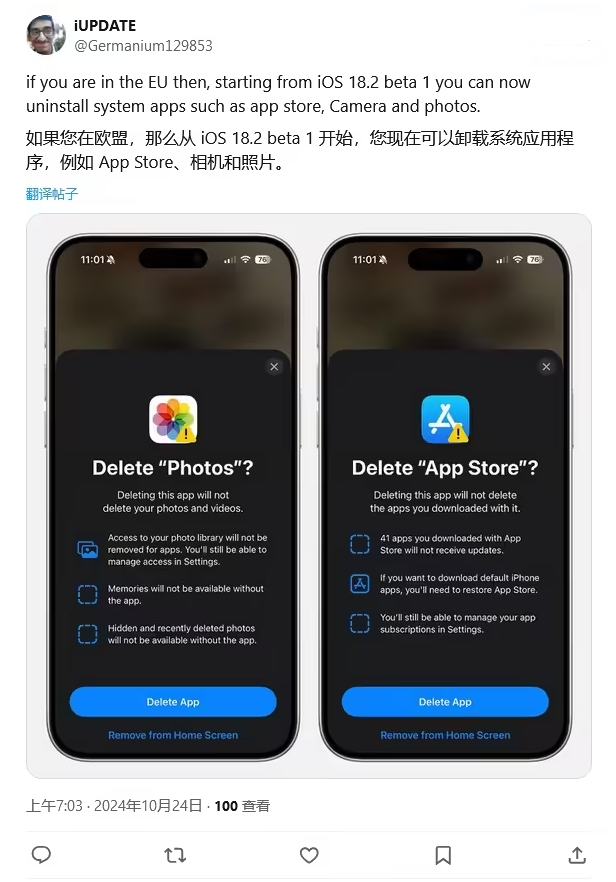 江口苹果手机维修分享iOS 18.2 支持删除 App Store 应用商店 